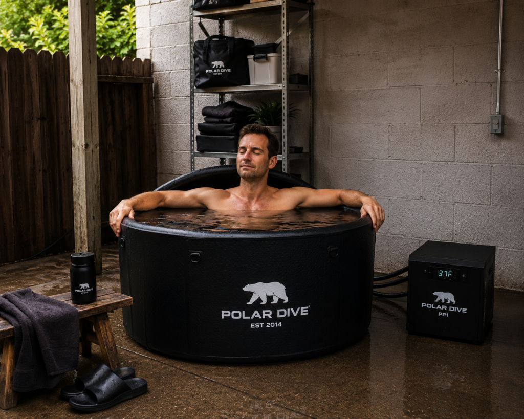 Relaxed sitting in polar dive cold plunge
